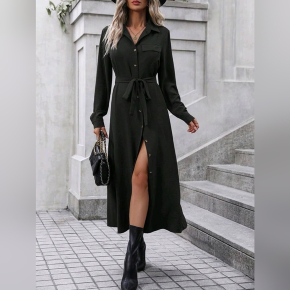 Women Off Shoulder Button Pleated Split Hem Long Maxi Dress